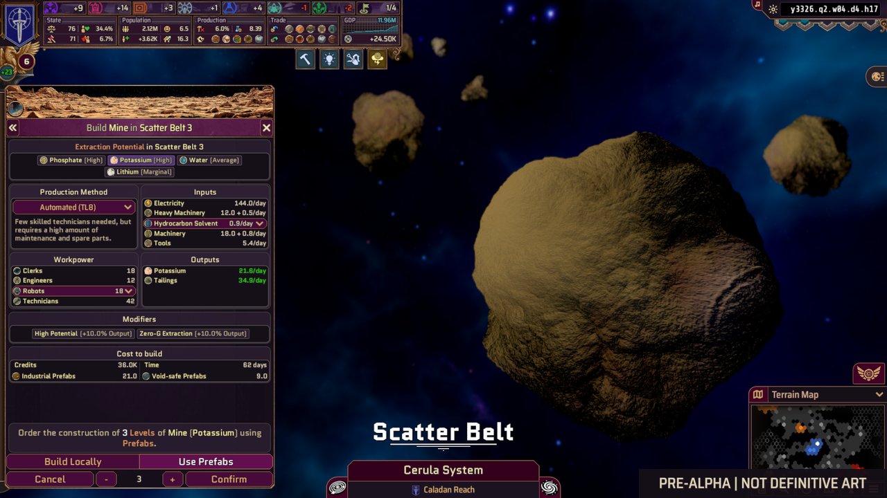 Steam screenshot marked "PRE-ALPHA | NOT DEFINITIVE ART": a "Build Mine" panel over the Scatter Belt asteroid field, with production method, workpower, inputs, outputs and construction cost all configurable.