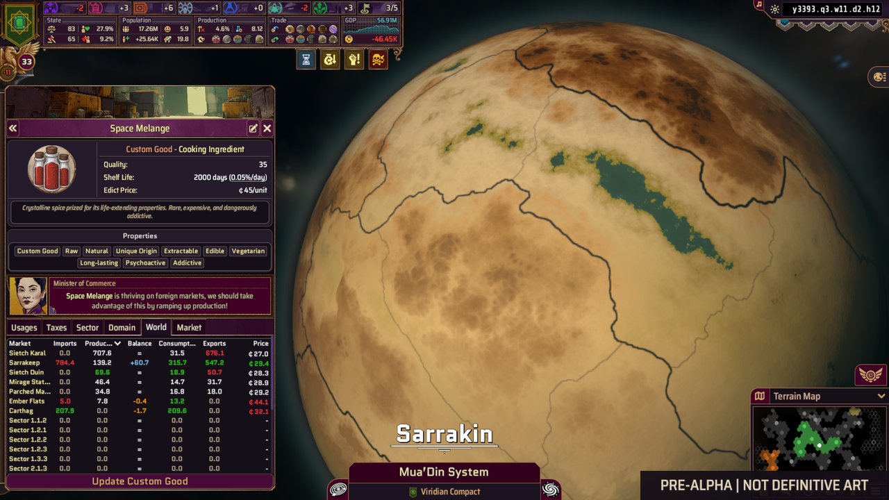 Steam screenshot marked "PRE-ALPHA | NOT DEFINITIVE ART": the custom good "Space Melange" over the planet Sarrakin: traits, quality and shelf life above a per-market table of production, consumption and price.