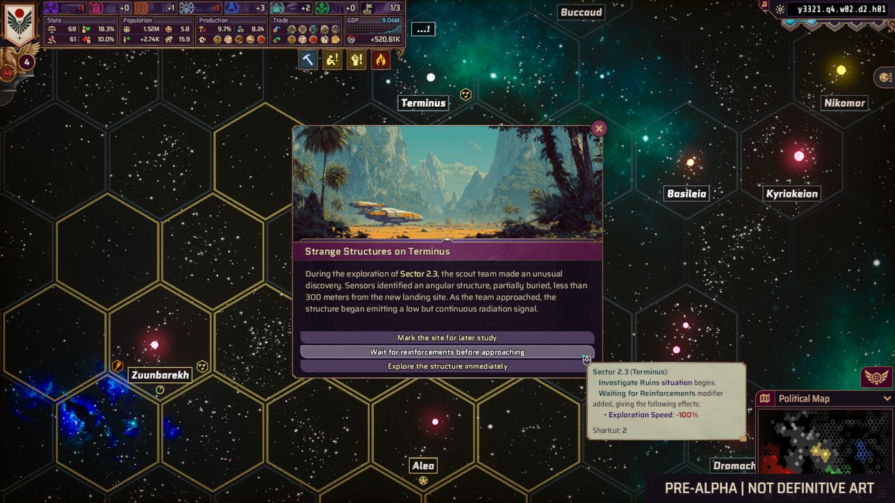 Steam screenshot marked "PRE-ALPHA | NOT DEFINITIVE ART": the event "Strange Structures on Terminus" over the sector map: a scout team reports a buried structure emitting a radiation signal, with three ways to respond.