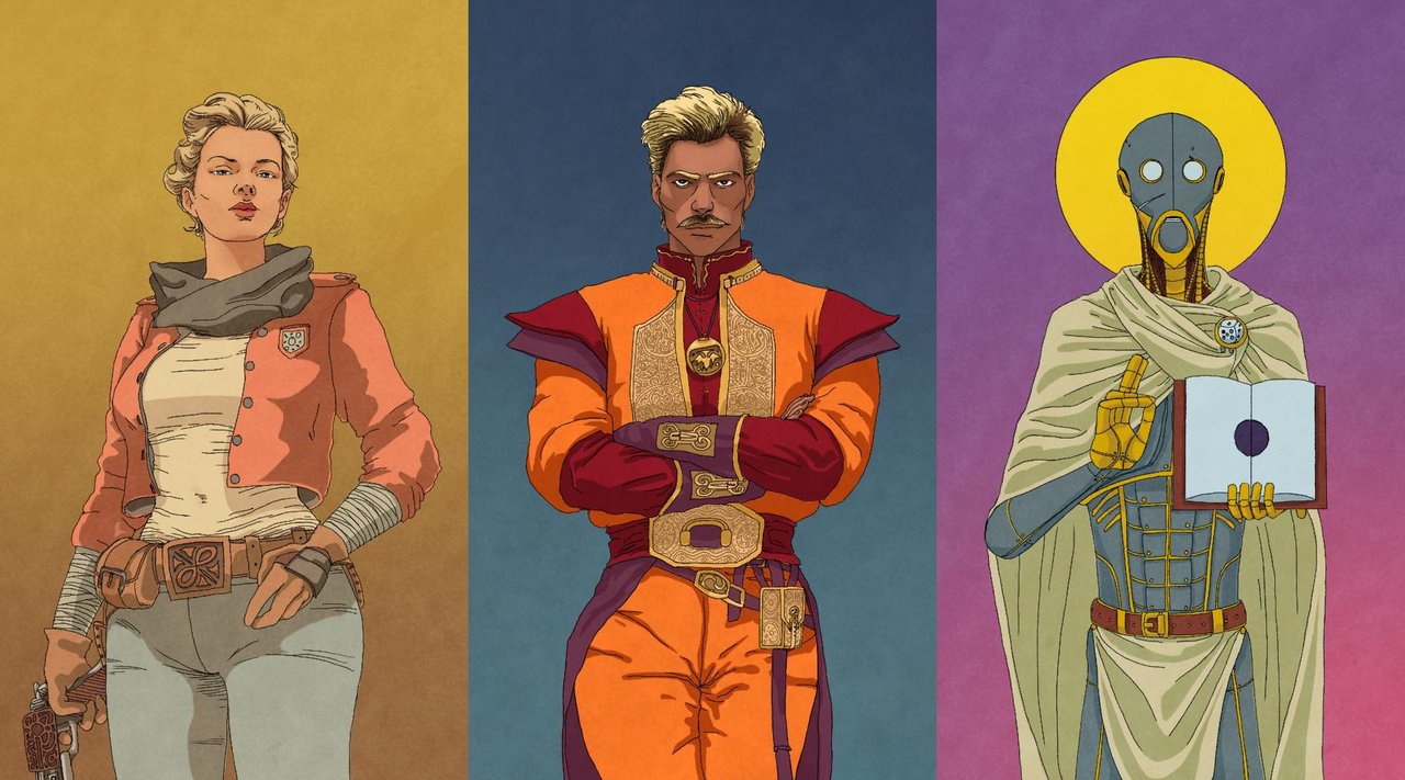 Key art portraits of three figures of the sector: an imperial official in purple and gold, a frontier trader, and a worn military officer.