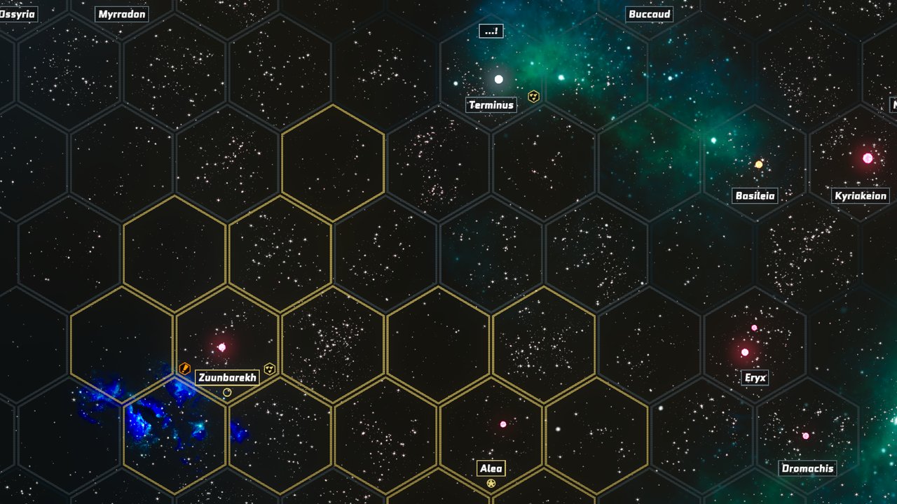 Pre-alpha sector map: a procedurally generated region of space laid out in gold-outlined hexes, each named system a possible frontier.