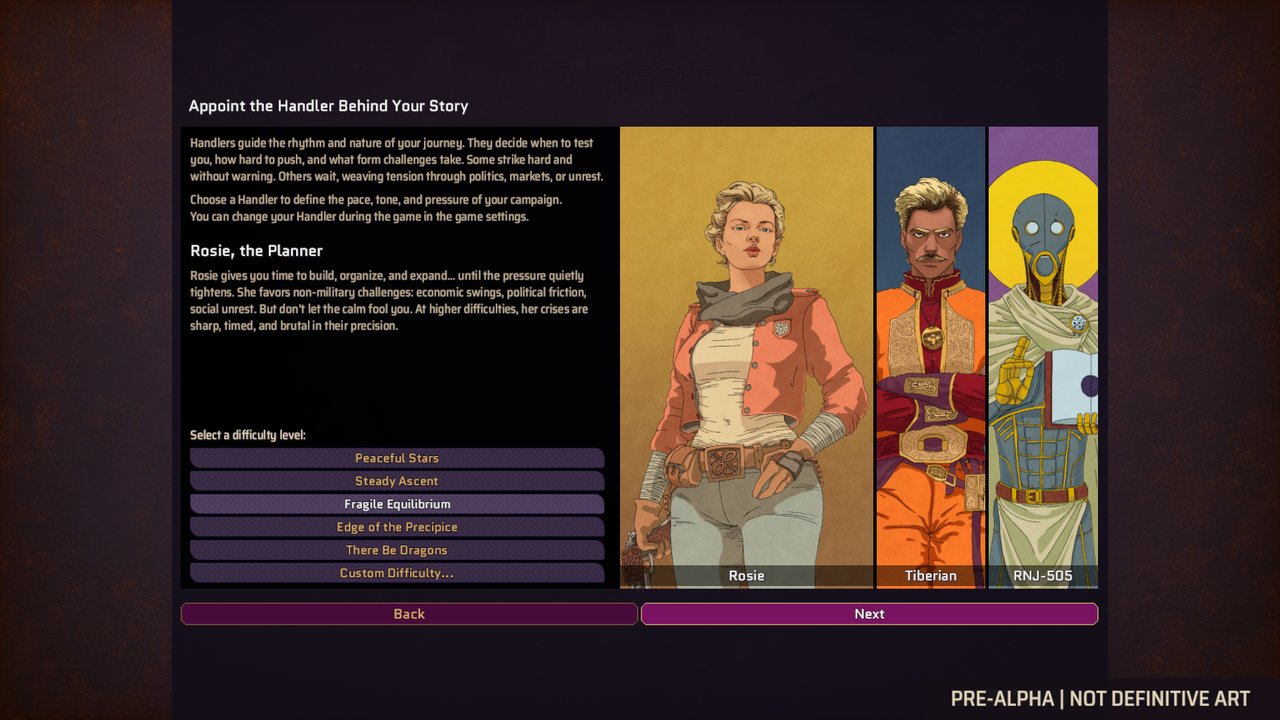 Steam screenshot marked "PRE-ALPHA | NOT DEFINITIVE ART": "Appoint the Handler Behind Your Story": choosing between Handlers Rosie, Tiberian and RNJ-505, each setting the pace and pressure of a campaign.