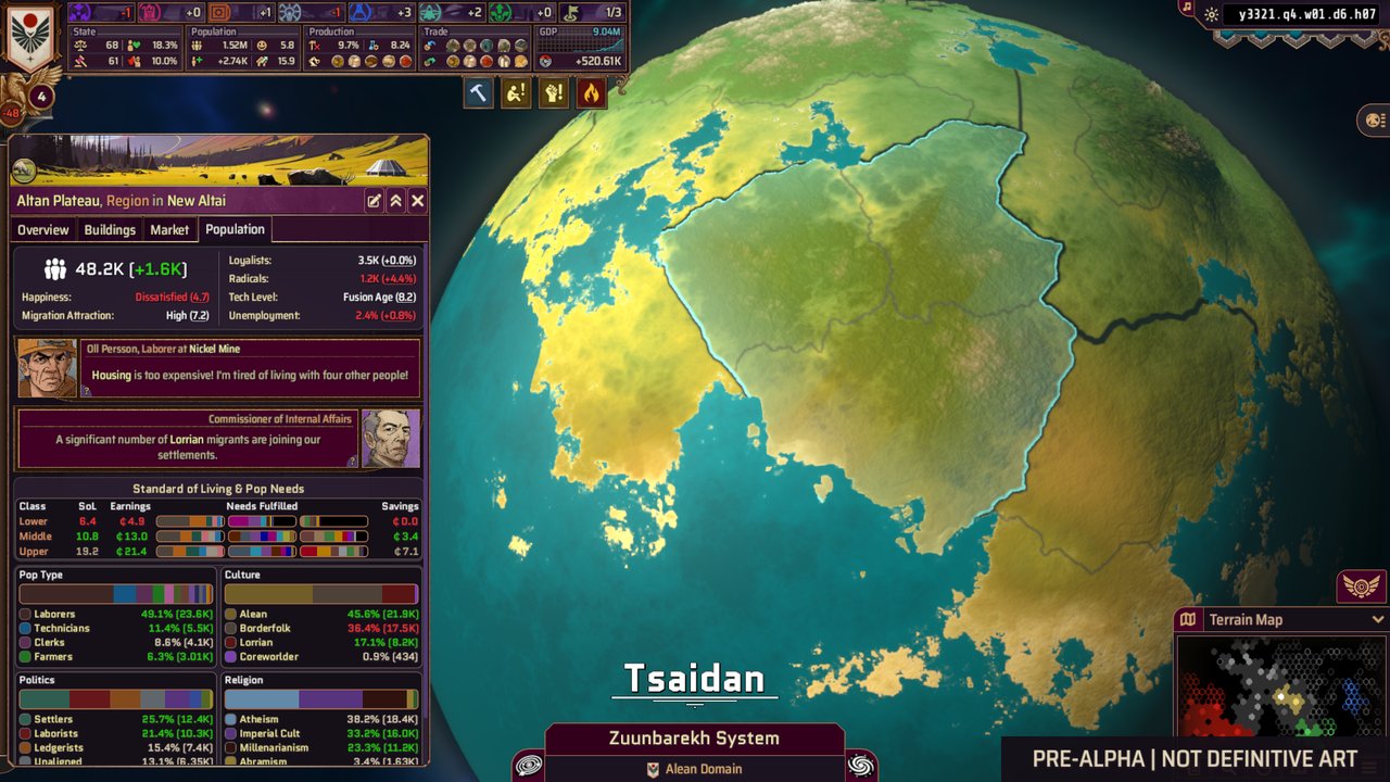 Steam screenshot marked "PRE-ALPHA | NOT DEFINITIVE ART": the planet Tsaidan with a region's population panel: classes, cultures, needs and politics broken down per group.